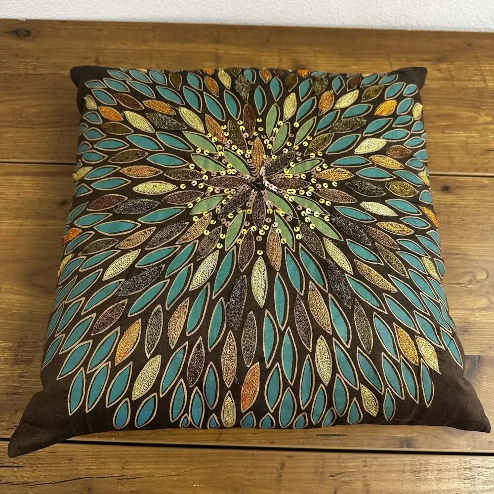 Vintage Pier 1 Imports Embroidered Bohemian Brown Throw Pillow 16x16